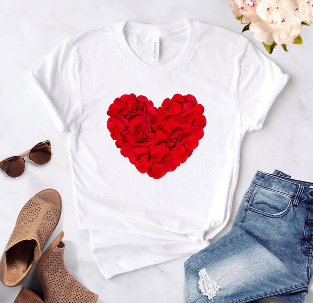 Heart flower print ladies T-shirt casual basis Authentic Shape