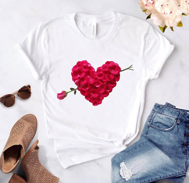 Heart flower print ladies T-shirt casual basis Authentic Shape