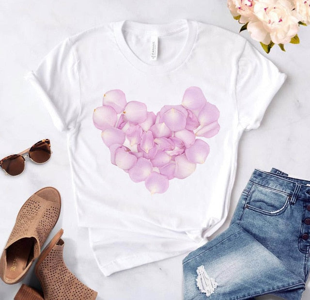 Heart flower print ladies T-shirt casual basis Authentic Shape