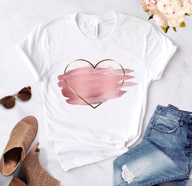 Heart flower print ladies T-shirt casual basis Authentic Shape