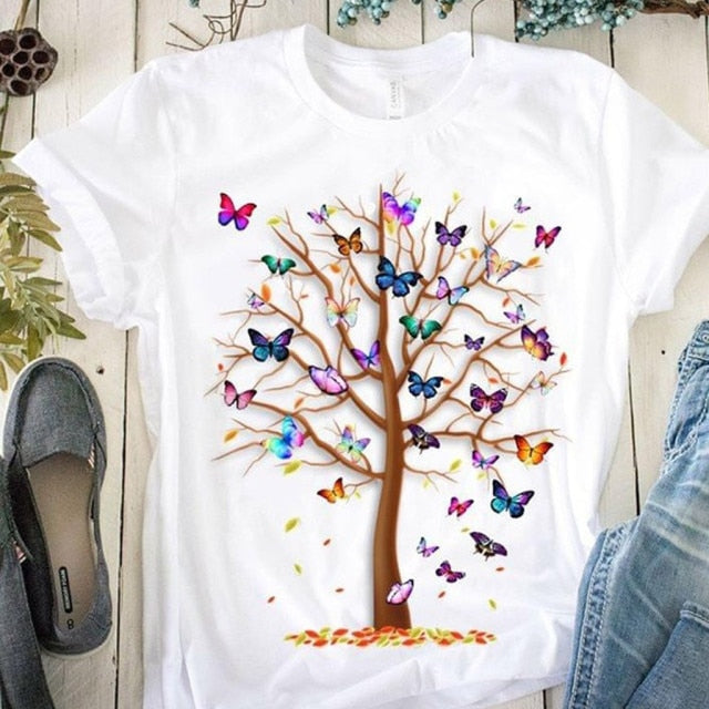 Woman Butterfly Tree Print Summer Tshirts Casual Round Neck tops Authentic Shape