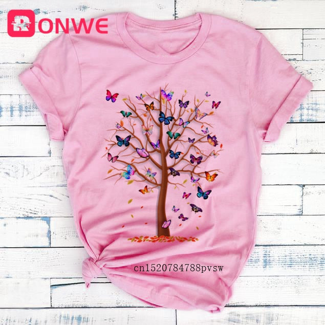 Woman Butterfly Tree Print Summer Tshirts Casual Round Neck tops Authentic Shape