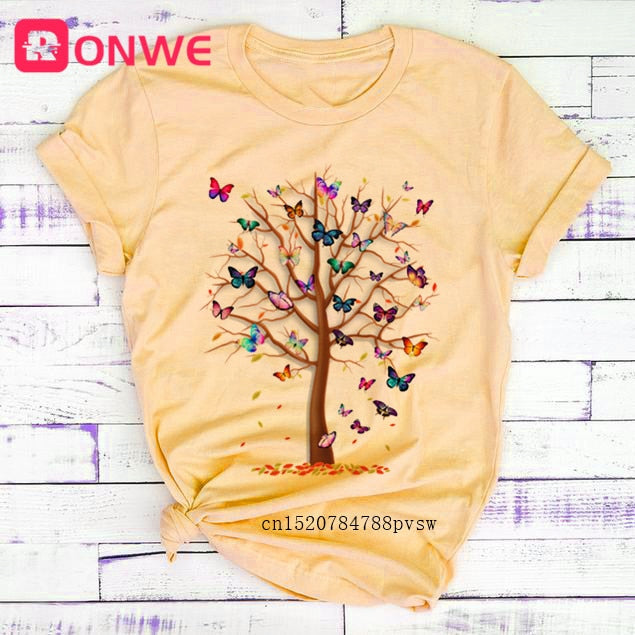 Woman Butterfly Tree Print Summer Tshirts Casual Round Neck tops Authentic Shape