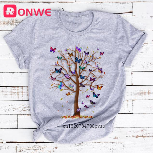 Woman Butterfly Tree Print Summer Tshirts Casual Round Neck tops Authentic Shape