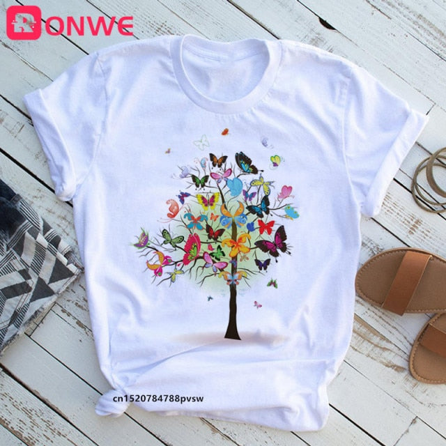 Woman Butterfly Tree Print Summer Tshirts Casual Round Neck tops Authentic Shape