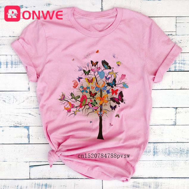 Woman Butterfly Tree Print Summer Tshirts Casual Round Neck tops Authentic Shape