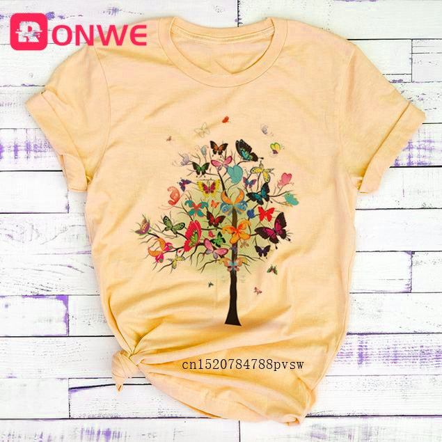 Woman Butterfly Tree Print Summer Tshirts Casual Round Neck tops Authentic Shape