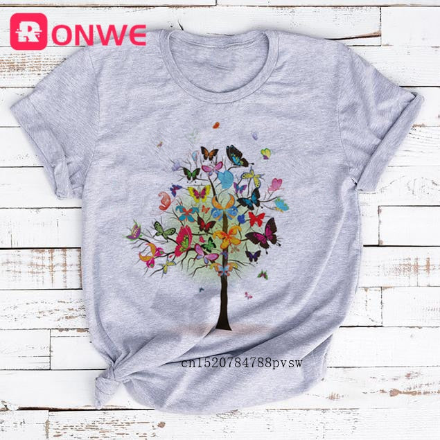 Woman Butterfly Tree Print Summer Tshirts Casual Round Neck tops Authentic Shape