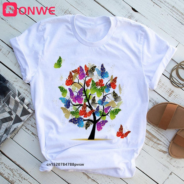 Woman Butterfly Tree Print Summer Tshirts Casual Round Neck tops Authentic Shape