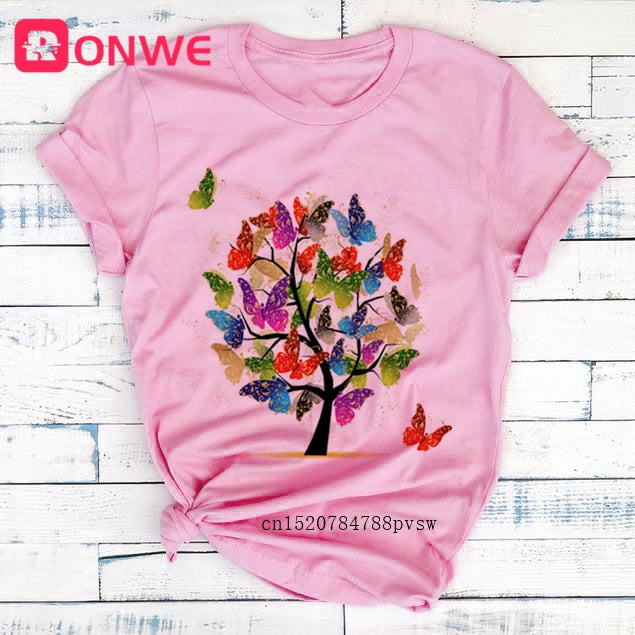 Woman Butterfly Tree Print Summer Tshirts Casual Round Neck tops Authentic Shape