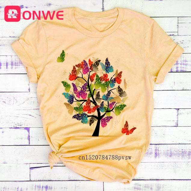 Woman Butterfly Tree Print Summer Tshirts Casual Round Neck tops Authentic Shape