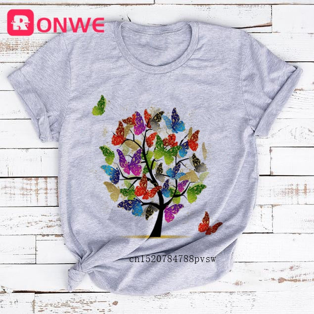 Woman Butterfly Tree Print Summer Tshirts Casual Round Neck tops Authentic Shape