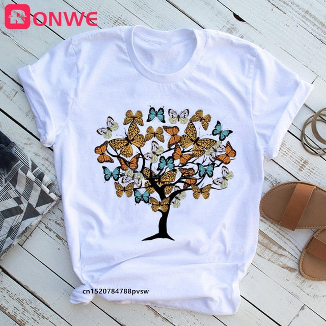 Woman Butterfly Tree Print Summer Tshirts Casual Round Neck tops Authentic Shape