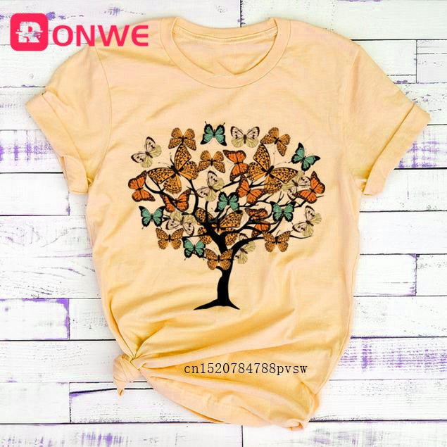 Woman Butterfly Tree Print Summer Tshirts Casual Round Neck tops Authentic Shape