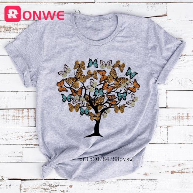 Woman Butterfly Tree Print Summer Tshirts Casual Round Neck tops Authentic Shape