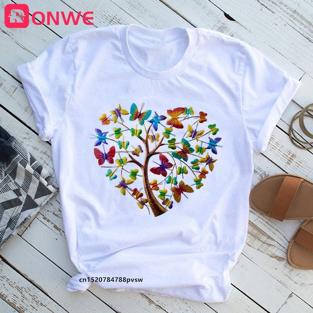 Woman Butterfly Tree Print Summer Tshirts Casual Round Neck tops Authentic Shape