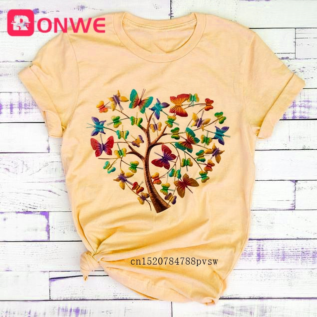 Woman Butterfly Tree Print Summer Tshirts Casual Round Neck tops Authentic Shape