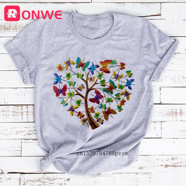 Woman Butterfly Tree Print Summer Tshirts Casual Round Neck tops Authentic Shape