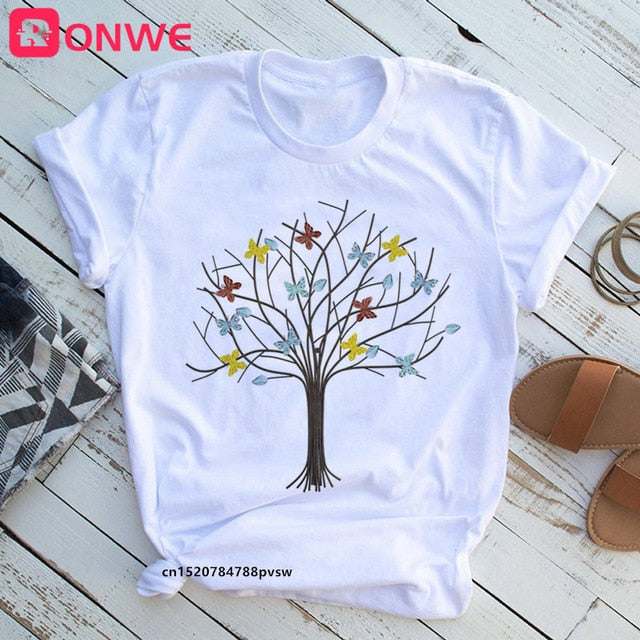 Woman Butterfly Tree Print Summer Tshirts Casual Round Neck tops Authentic Shape