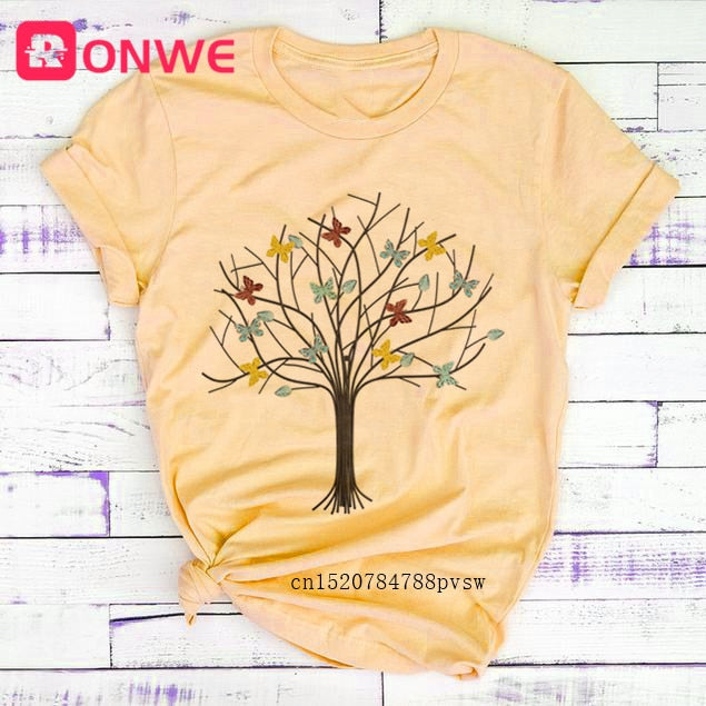 Woman Butterfly Tree Print Summer Tshirts Casual Round Neck tops Authentic Shape