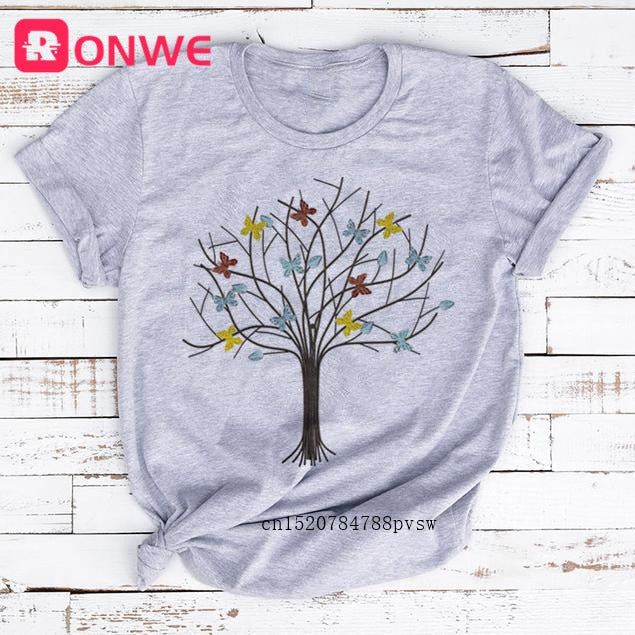 Woman Butterfly Tree Print Summer Tshirts Casual Round Neck tops Authentic Shape