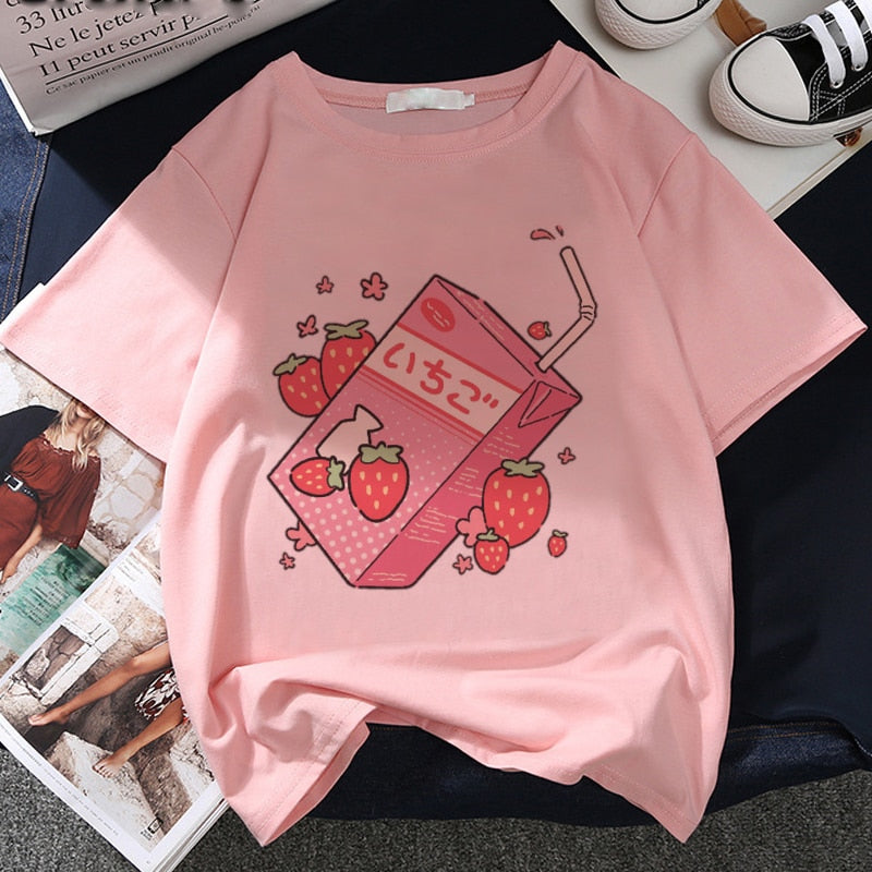 Japan Strawberry Juice Graphic Print T-shirt Women Authentic Shape