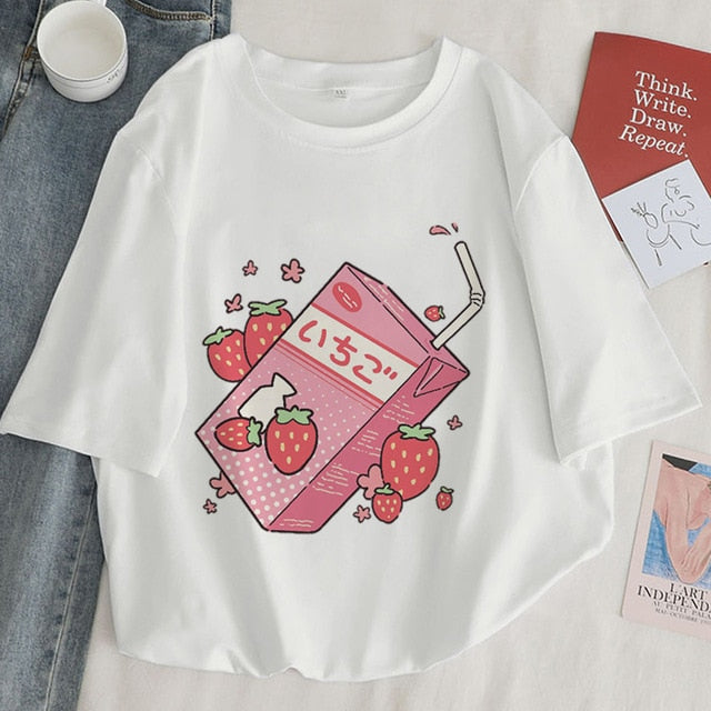 Japan Strawberry Juice Graphic Print T-shirt Women Authentic Shape