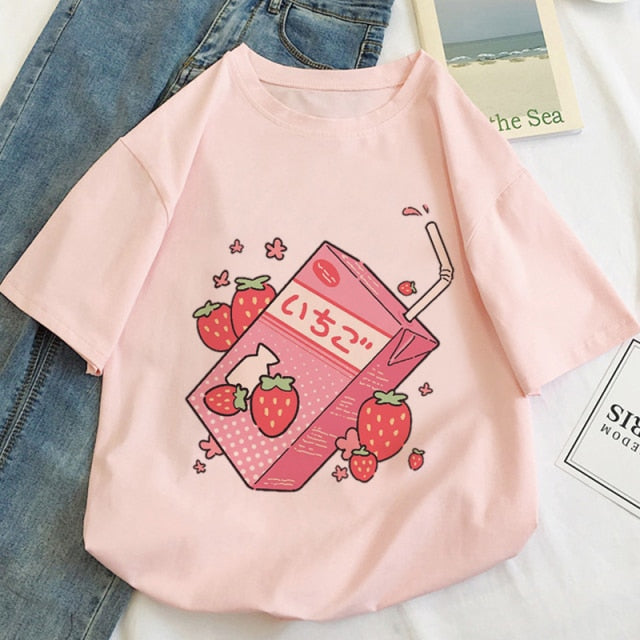 Japan Strawberry Juice Graphic Print T-shirt Women Authentic Shape