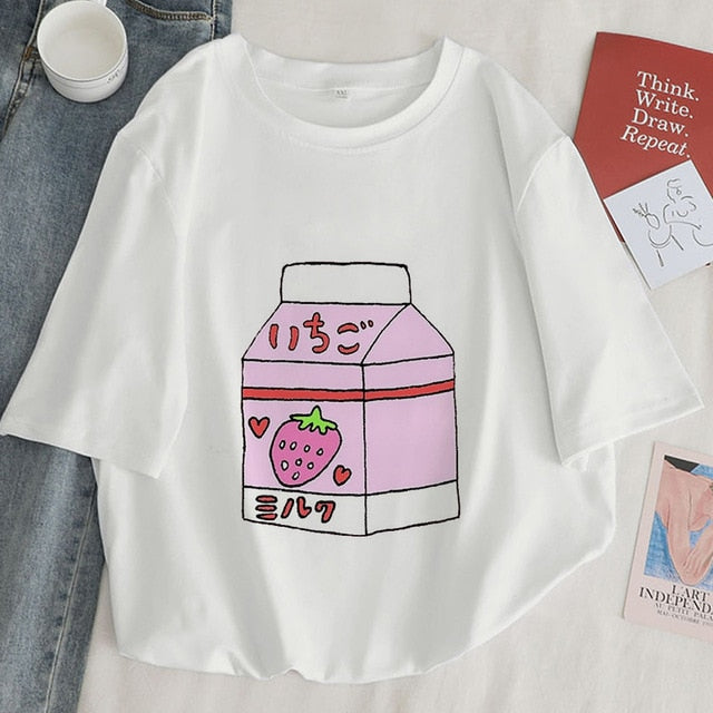 Japan Strawberry Juice Graphic Print T-shirt Women Authentic Shape