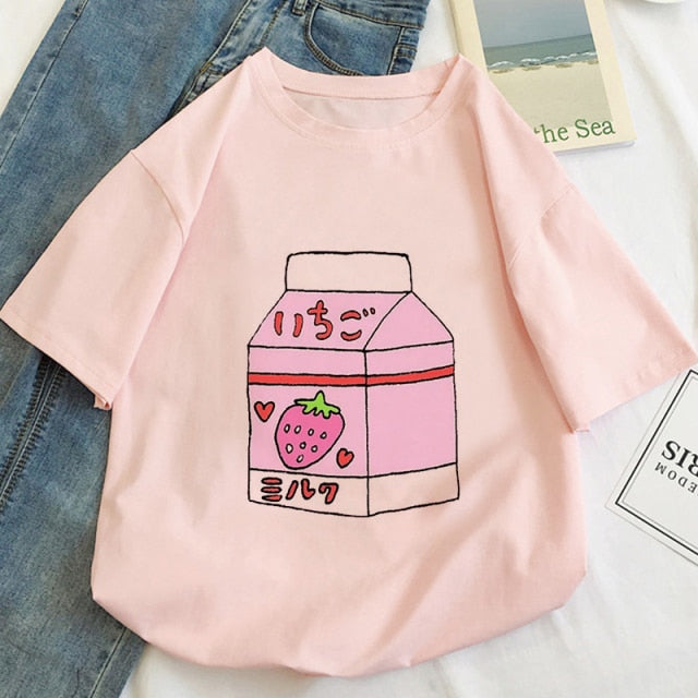 Japan Strawberry Juice Graphic Print T-shirt Women Authentic Shape