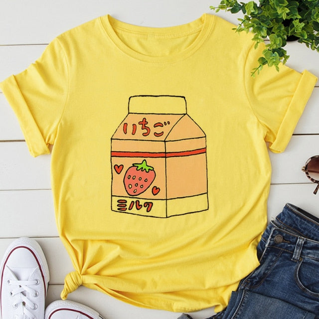 Japan Strawberry Juice Graphic Print T-shirt Women Authentic Shape