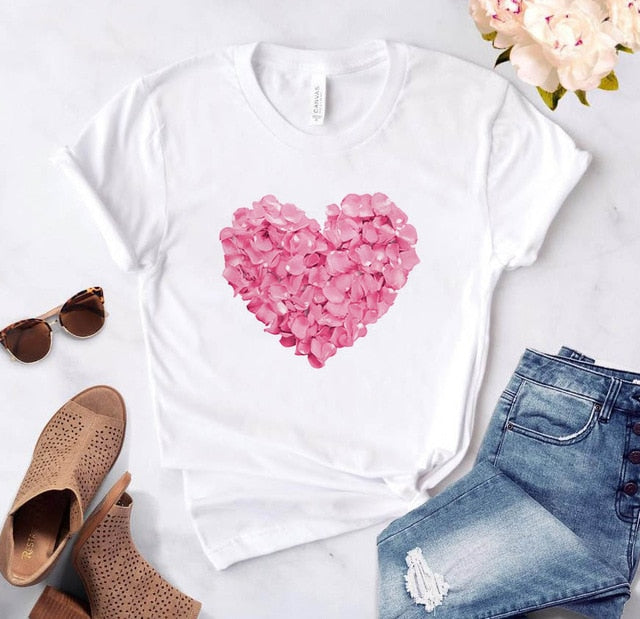 Heart flower print ladies T-shirt casual basis Authentic Shape