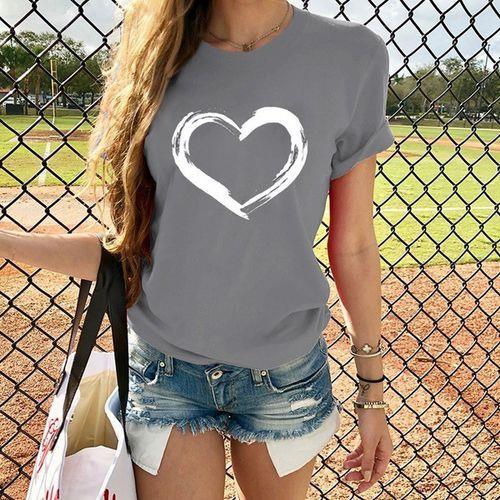 Heart Print T Shirt Women Short Sleeve O Neck Loose Authentic Shape