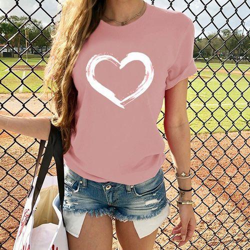 Heart Print T Shirt Women Short Sleeve O Neck Loose Authentic Shape