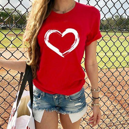 Heart Print T Shirt Women Short Sleeve O Neck Loose Authentic Shape