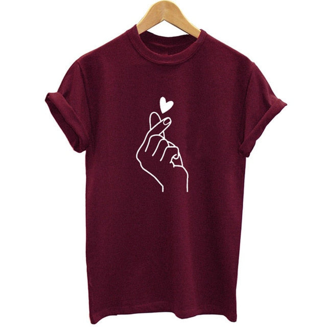 Heart Print T Shirt Women Short Sleeve O Neck Loose Authentic Shape