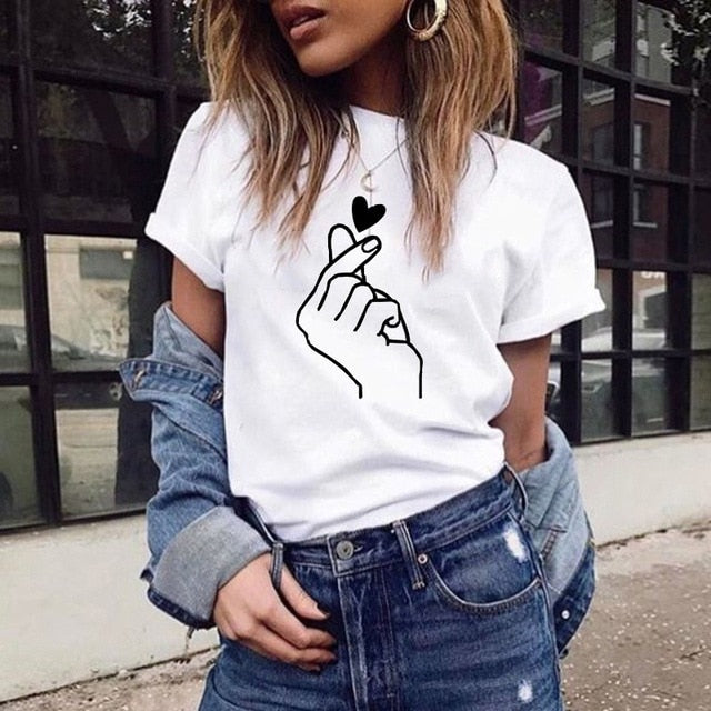 Heart Print T Shirt Women Short Sleeve O Neck Loose Authentic Shape