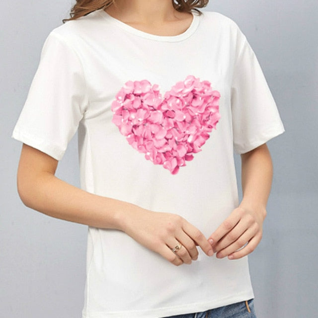 Heart Print T Shirt Women Short Sleeve O Neck Loose Authentic Shape