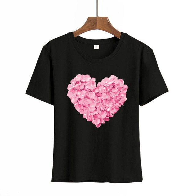 Heart Print T Shirt Women Short Sleeve O Neck Loose Authentic Shape