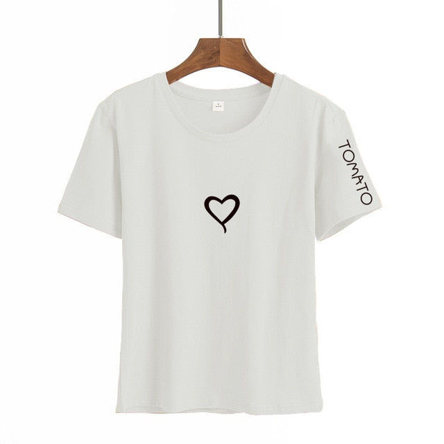 Heart Print T Shirt Women Short Sleeve O Neck Loose Authentic Shape