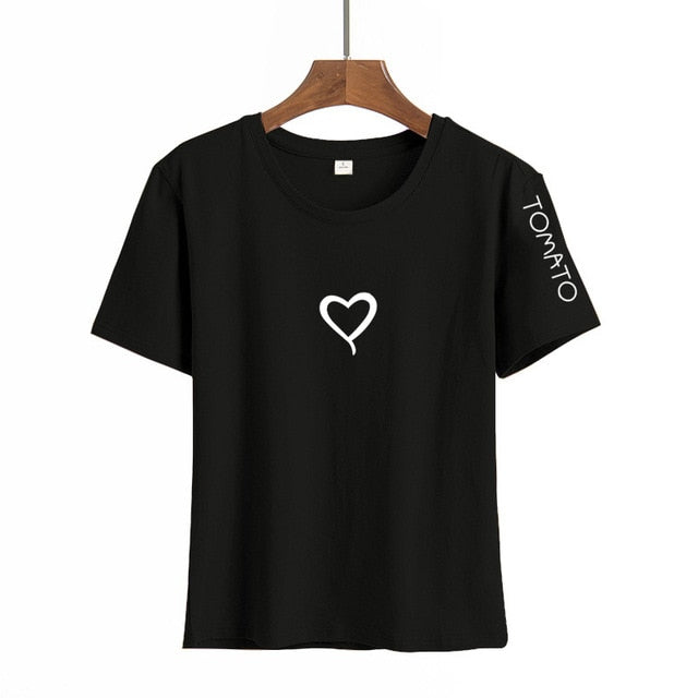 Heart Print T Shirt Women Short Sleeve O Neck Loose Authentic Shape