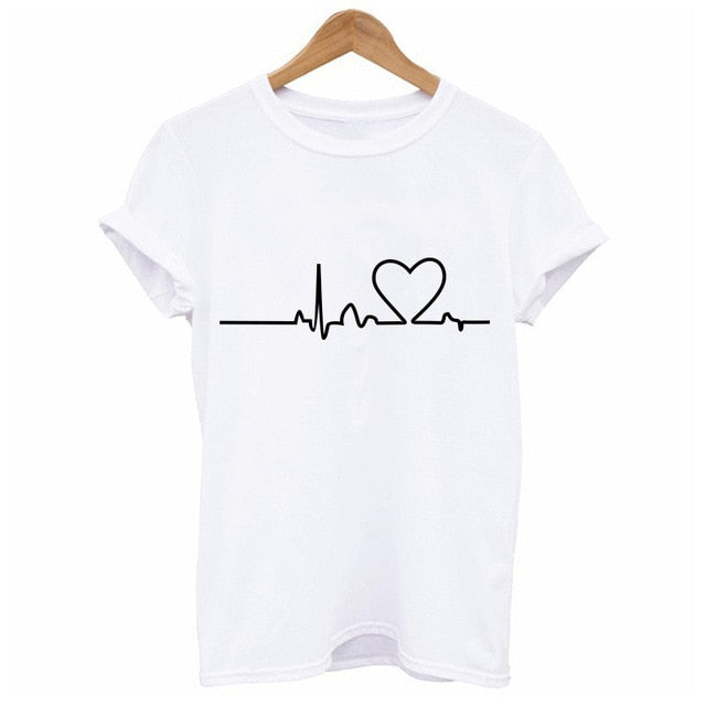 Heart Print T Shirt Women Short Sleeve O Neck Loose Authentic Shape