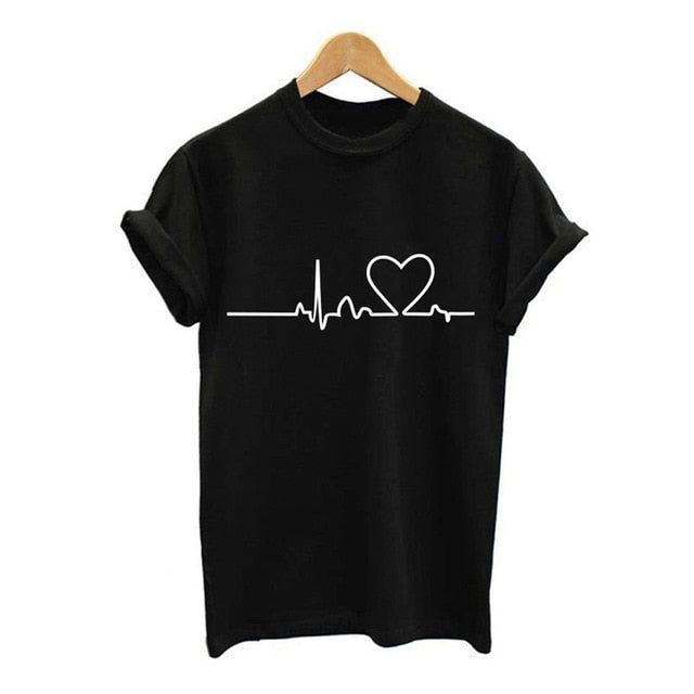 Heart Print T Shirt Women Short Sleeve O Neck Loose Authentic Shape