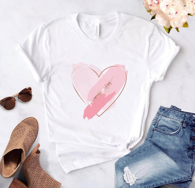 Heart flower print ladies T-shirt casual basis Authentic Shape