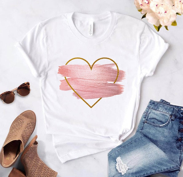 Heart flower print ladies T-shirt casual basis Authentic Shape