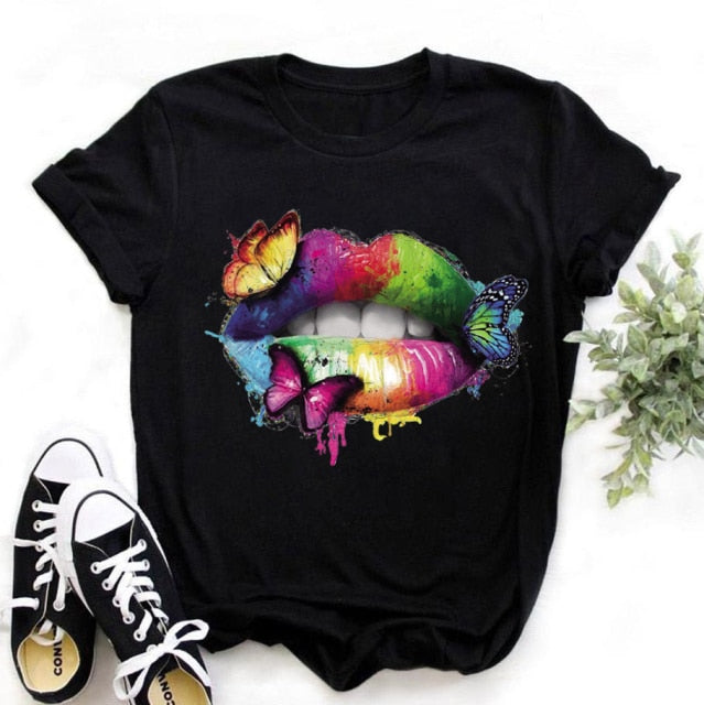 Lips Watercolor Graphic T Shirt Lip Women O-neck summer Authentic Shape