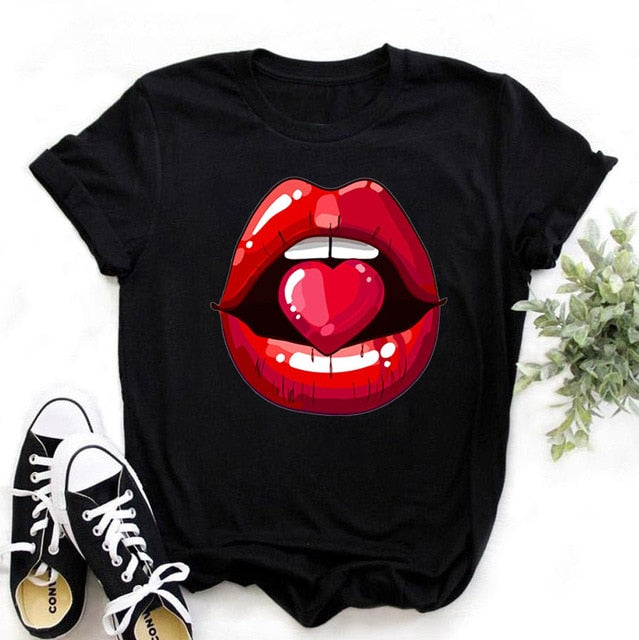 Lips Watercolor Graphic T Shirt Lip Women O-neck summer Authentic Shape