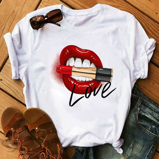 Lips Watercolor Graphic T Shirt Lip Women O-neck summer Authentic Shape