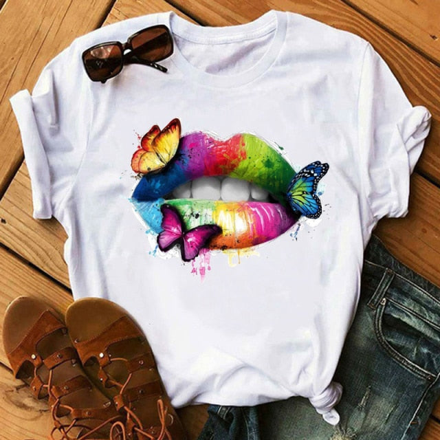 Lips Watercolor Graphic T Shirt Lip Women O-neck summer Authentic Shape