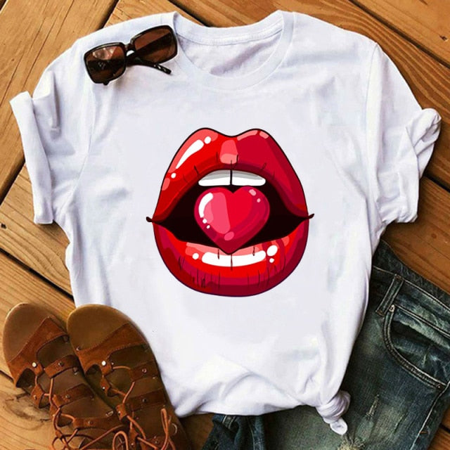 Lips Watercolor Graphic T Shirt Lip Women O-neck summer Authentic Shape